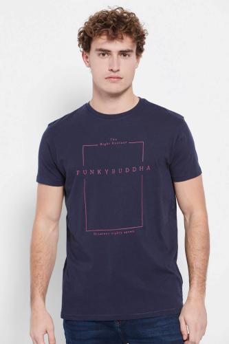 Funky Buddha ανδρικό T-shirt μονόχρωμο με contrast minimal logo print και logo label στο πλάι - FBM007-380-04 Σκούρο Μπλε M